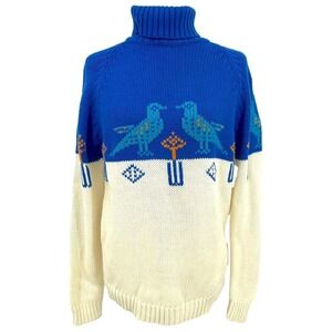 Vintage Womens Sweater M Blue Ivory Cottage Winter Birds Korea 80s Knit Intarsia
